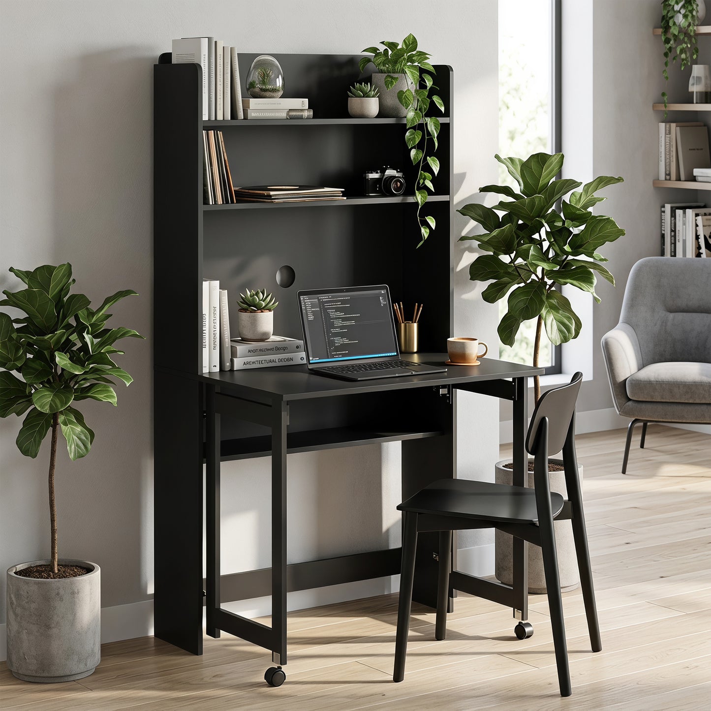 Writing Desk with Foldable Desktop for Bedroom, Home Office, Black