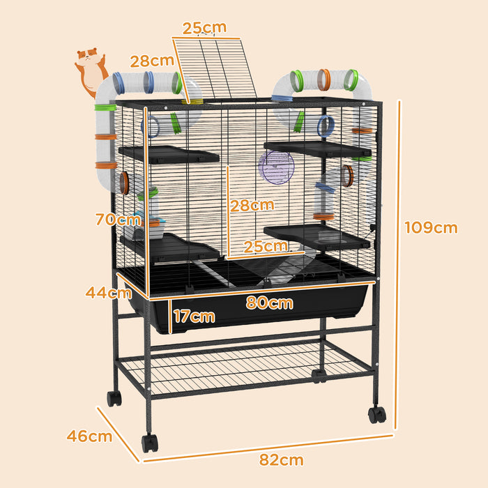 Large Hamster Cage Gerbil Cage with Tubes, Storage Shelf, Ramps, Platforms, Running Wheel - Black