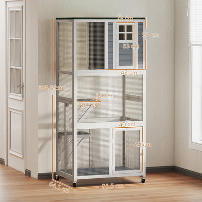 Wooden Cat House with Asphalt Roof, Cat Cage for Multiple Cats White