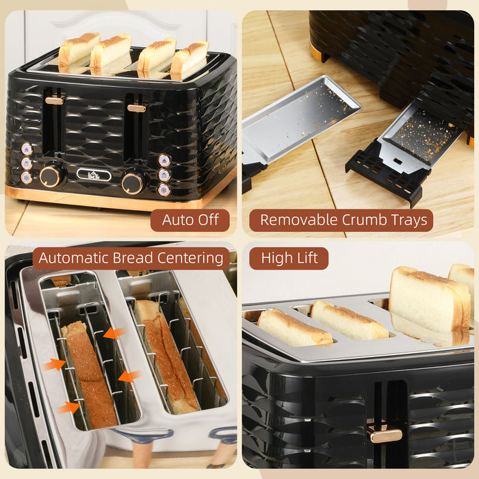 Toaster with 4 Slot, 7 Browning Levels, 1600W, Black Ripple