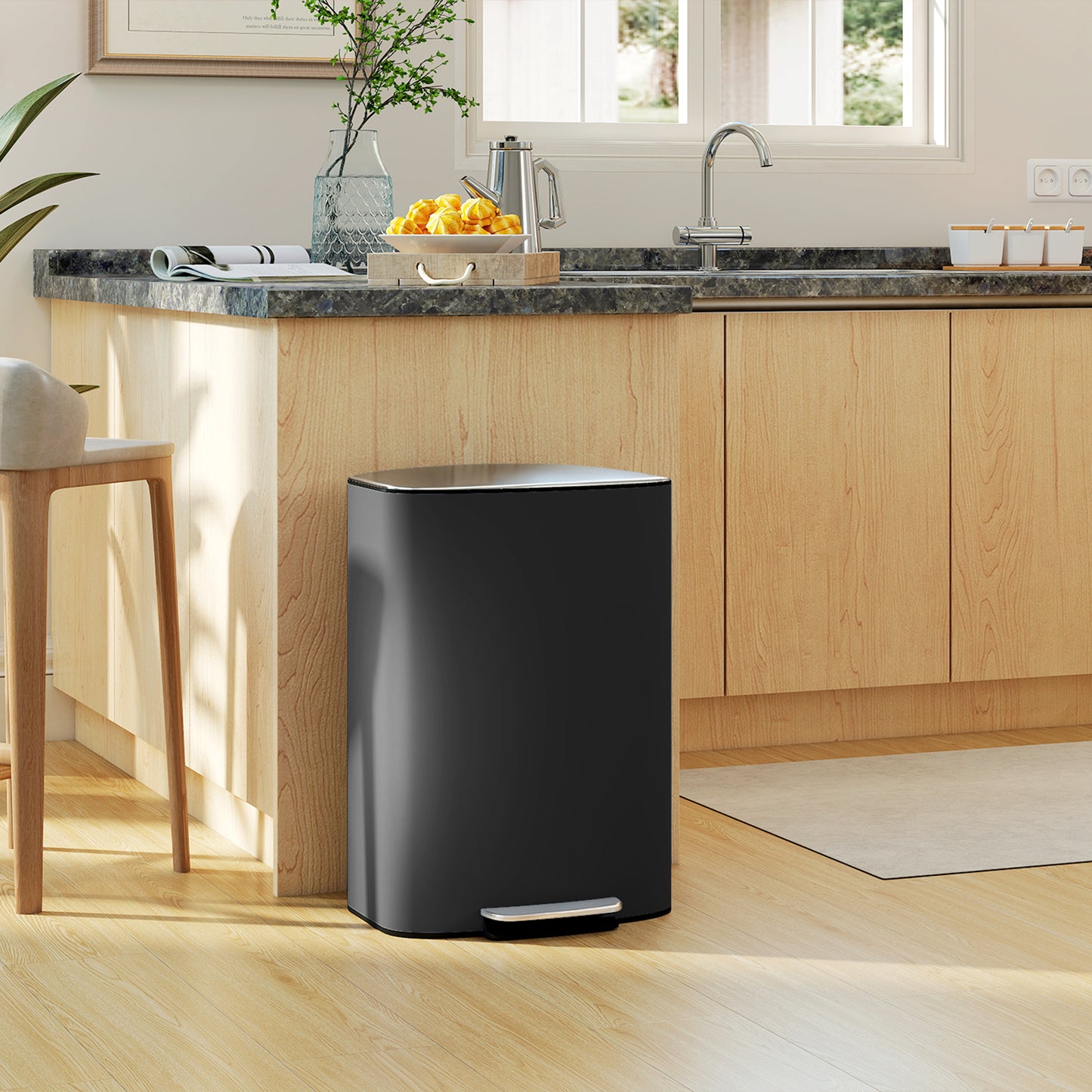 Pedal Bin with Soft-Close Lid, 50L Kitchen Bin with Carry Handle Black