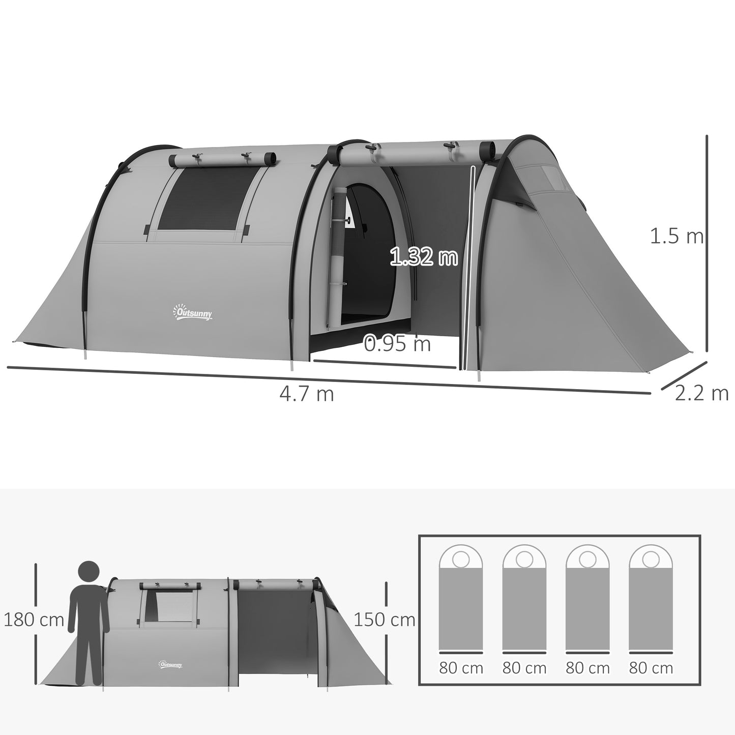 2 Room Camping Family Tent for 3-4 Man, 3000mm Waterproof, Grey