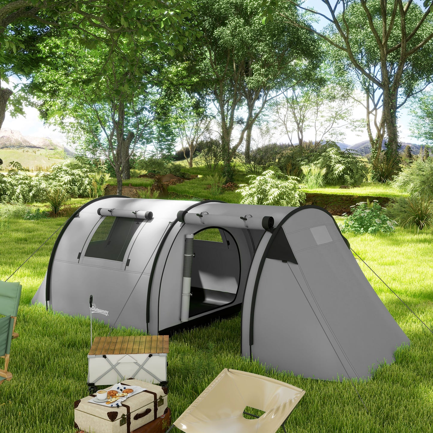 2 Room Camping Family Tent for 3-4 Man, 3000mm Waterproof, Grey