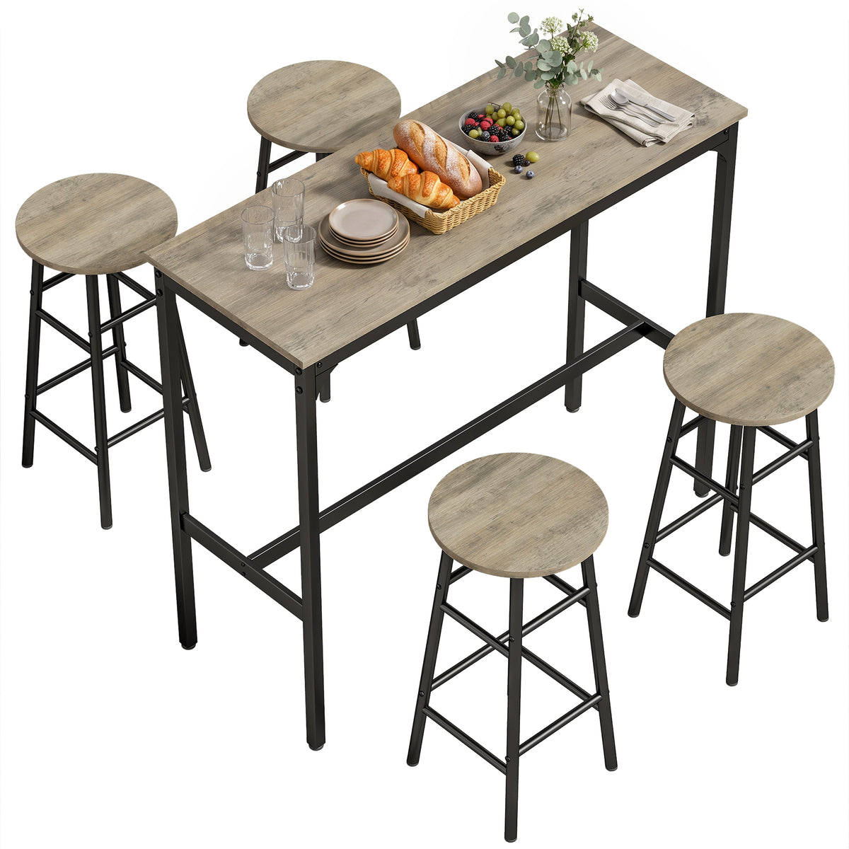 5 Piece Bar Set, Industrial Kitchen and Chair Set Grey Wood Effect