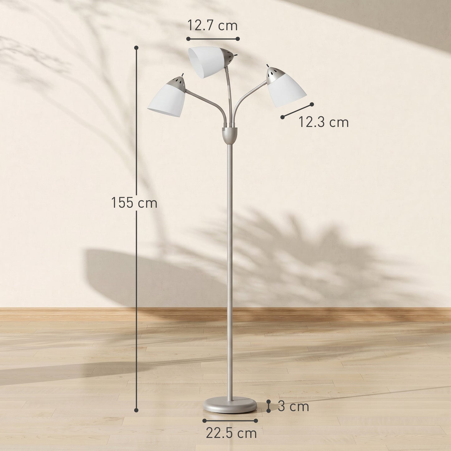 Arc Tree Floor Lamp with 3 Adjustable Rotating Lights and 3000K/4500K/6500K Colour Temperatures, Industrial Standing Lamp with Steel Frame for Bedroom Living Room, 155cm, Silver Tone