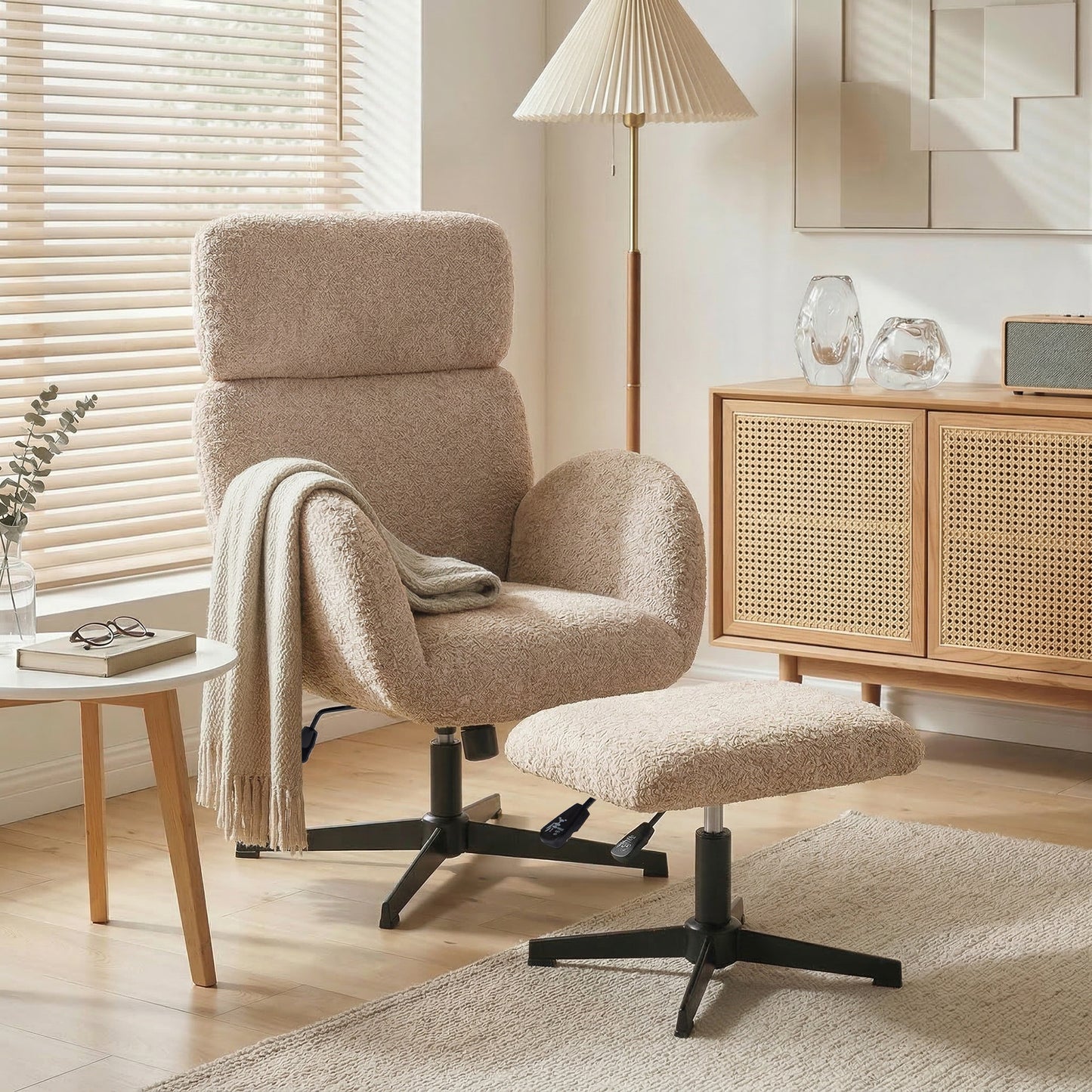 Swivel Armchair with Footstool, Rocking Accent Chair, Light Brown