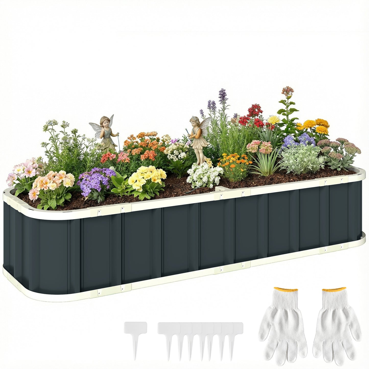 Galvanised Raised Garden Bed with Gloves, Dark Grey