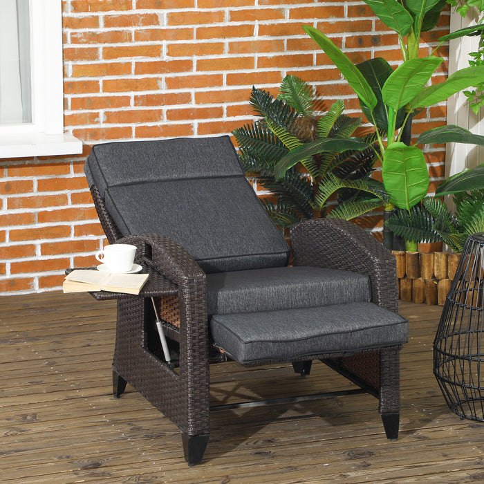 Outdoor Recliner Chair with Adjustable Backrest and Footrest, Cushion, Side Tray, Grey