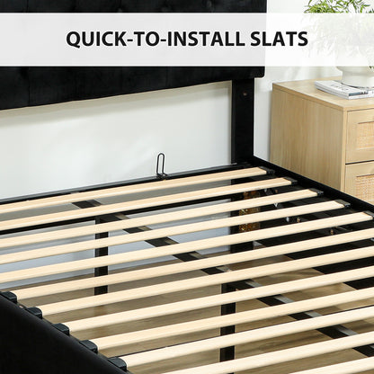 Double Bed Frame with Storage and Adjustable Velvet Headboard, Black