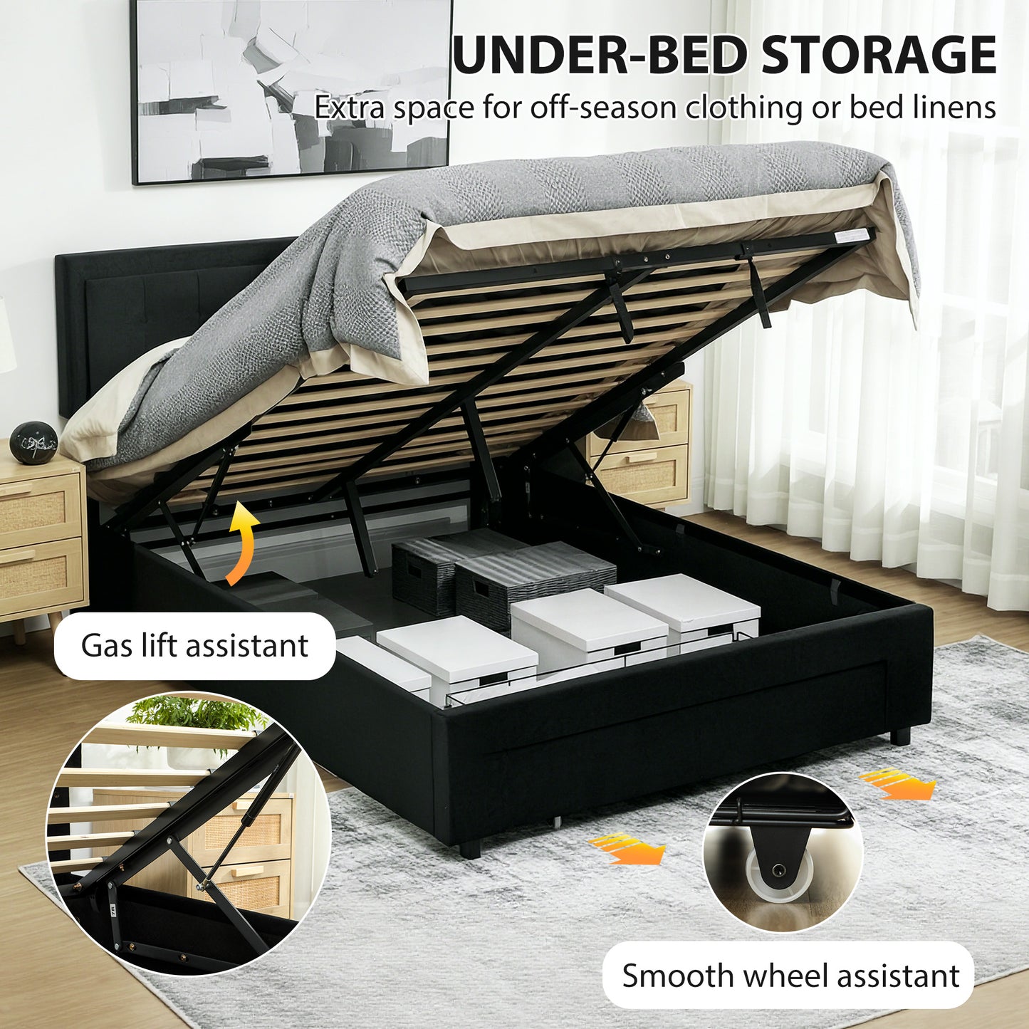 Double Bed Frame with Storage and Adjustable Velvet Headboard, Black