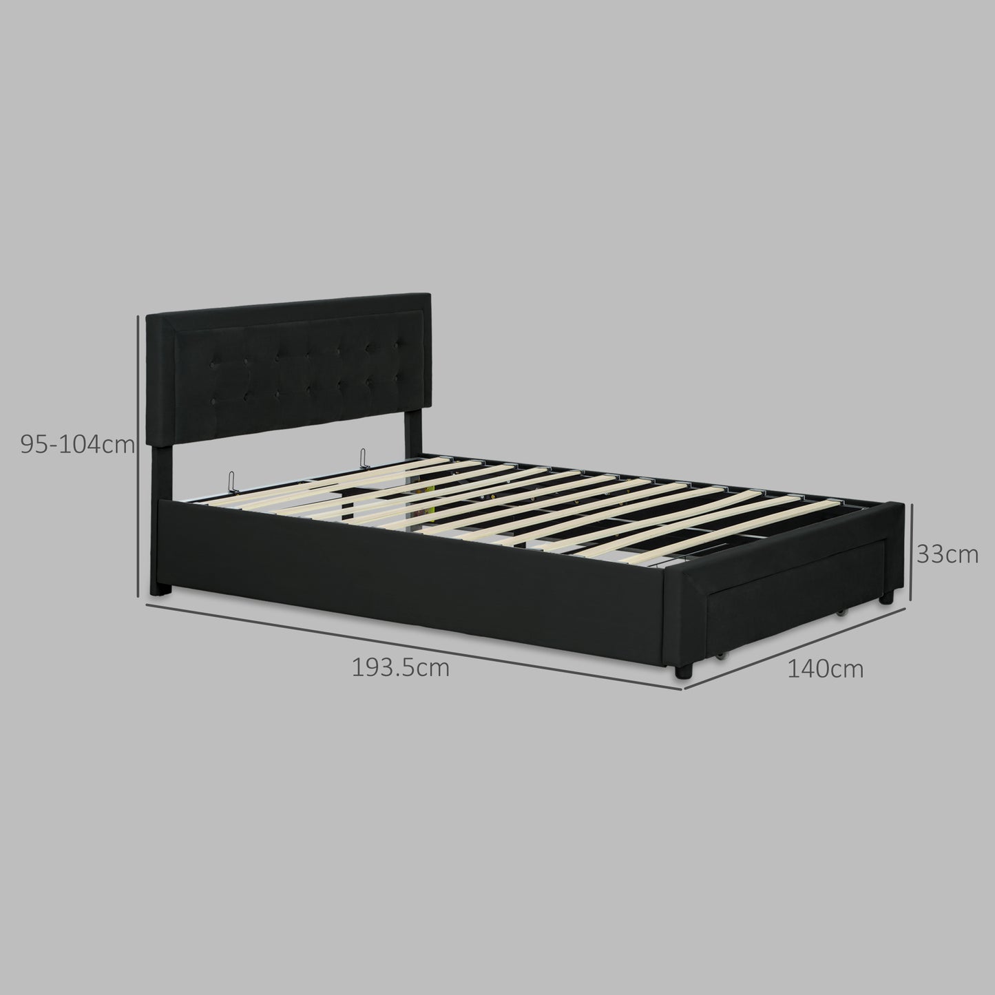 Double Bed Frame with Storage and Adjustable Velvet Headboard, Black