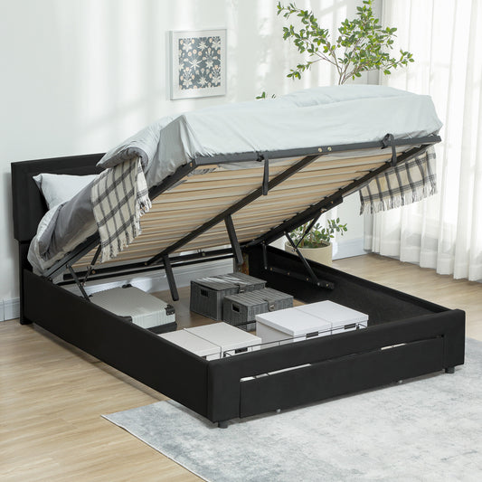 Double Bed Frame with Storage and Adjustable Velvet Headboard, Black