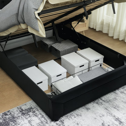 Double Bed Frame with Storage and Adjustable Velvet Headboard, Black