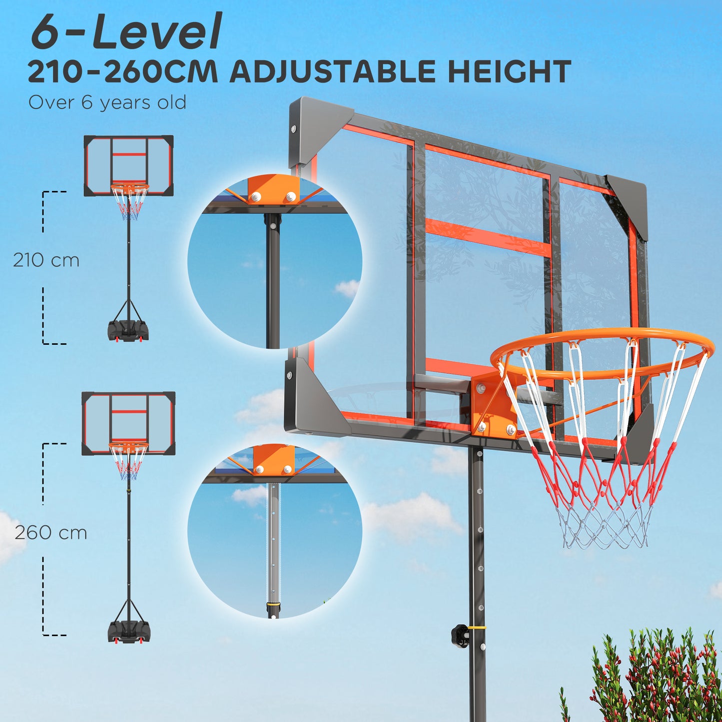 Basketball Hoop, 210-260cm Height Adjustable Basketball Hoop, Red