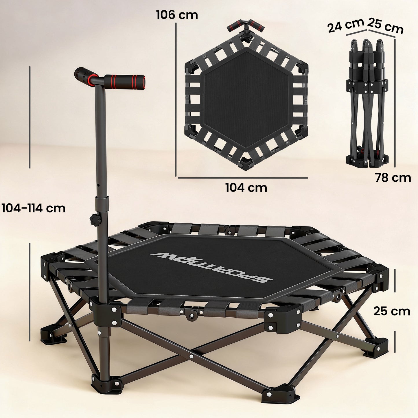 42" Foldable Mini Trampoline, One-Step Fold & Open, Hexagonal Rebounder Trampoline with 3-Level Adjustable Handle for Adults for Indoor Outdoor Workout, Black