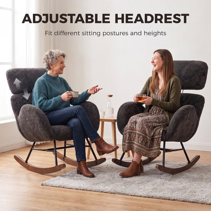 Rocking Chair with Adjustable Headrest Velvet Upholstery Dark Grey
