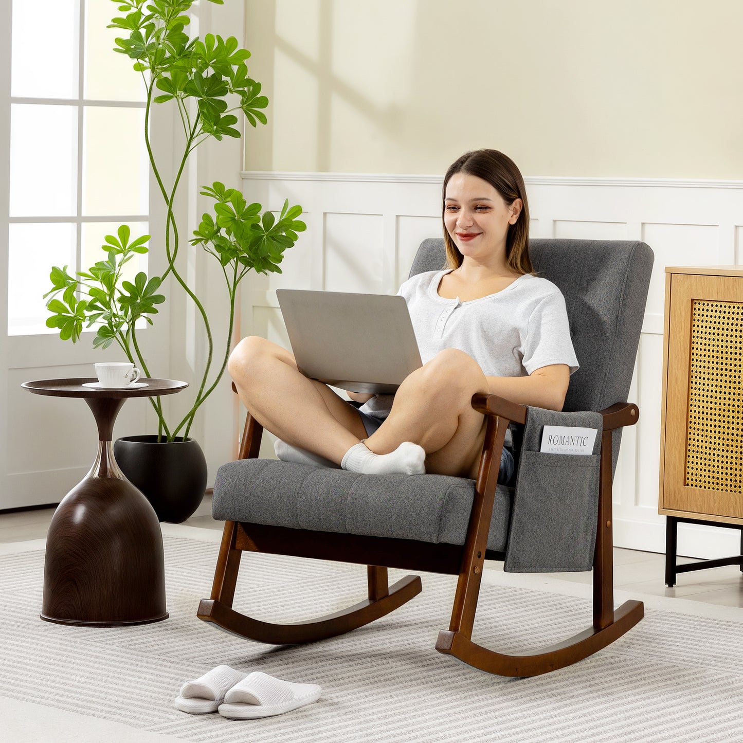 Modern High Back Rocking Chair with Solid Wood Legs, Grey