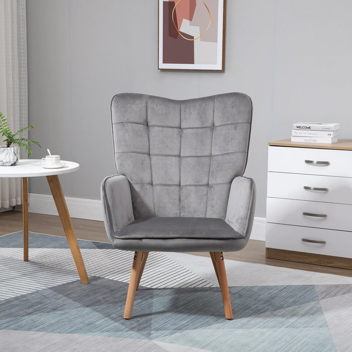 Modern Accent Chair Velvet-Touch Tufted Wingback Armchair Upholstered Leisure Lounge Sofa Club Chair with Wood Legs, Grey