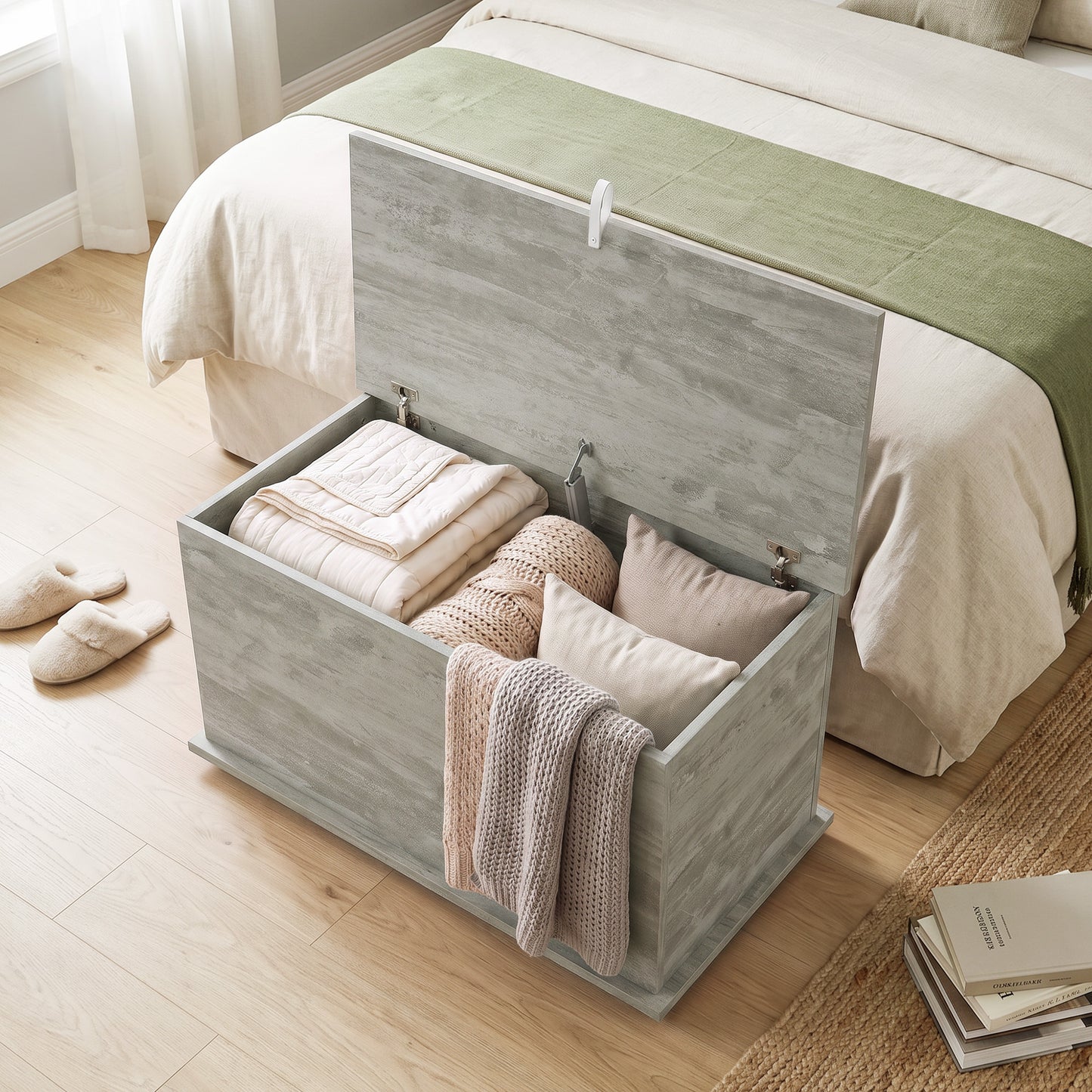 Storage Chest with Safety Hinged Lid, 102L Storage Box, Grey