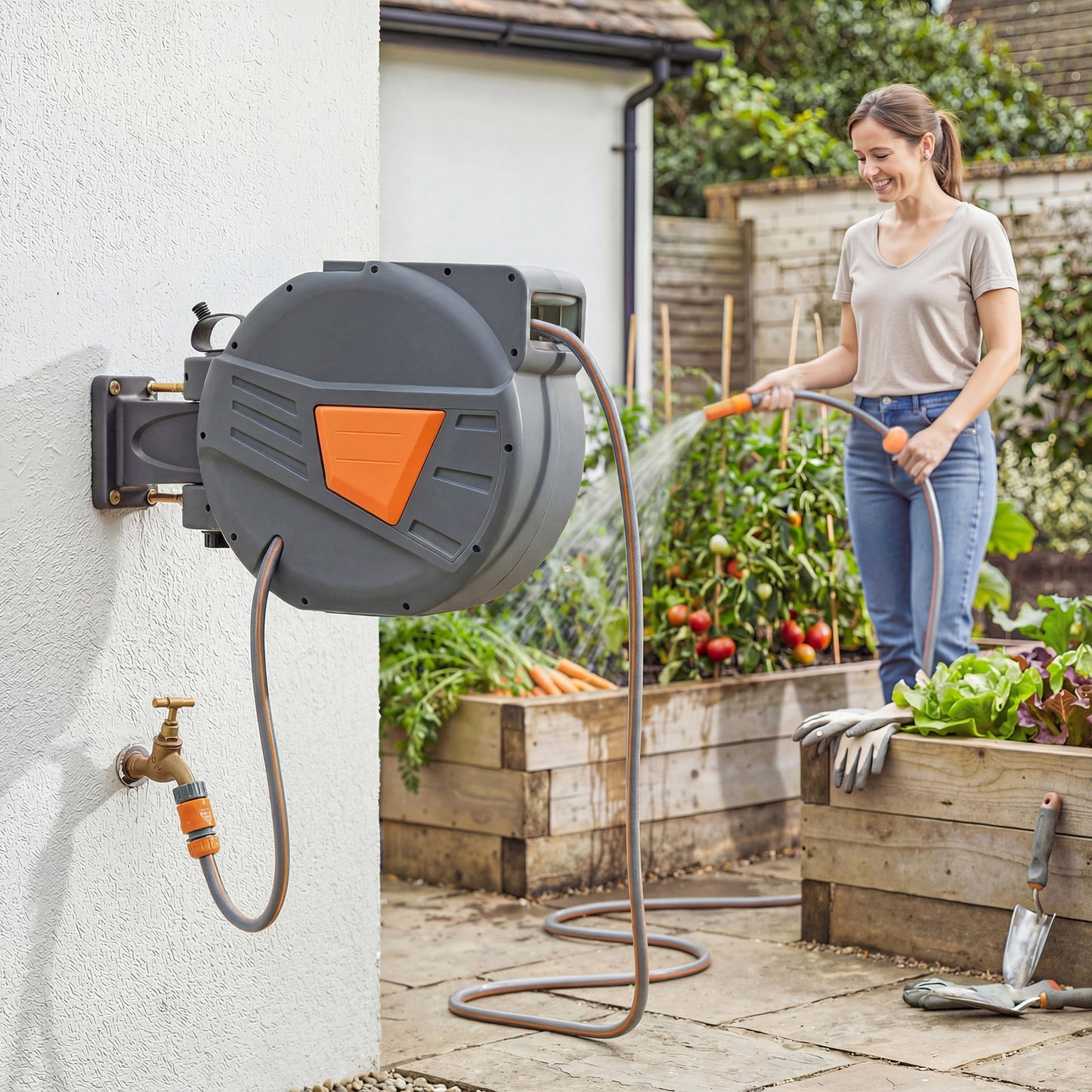 Retractable Hose Reel Wall Mounted, 20+1.6m Hose Pipe Reel, Orange