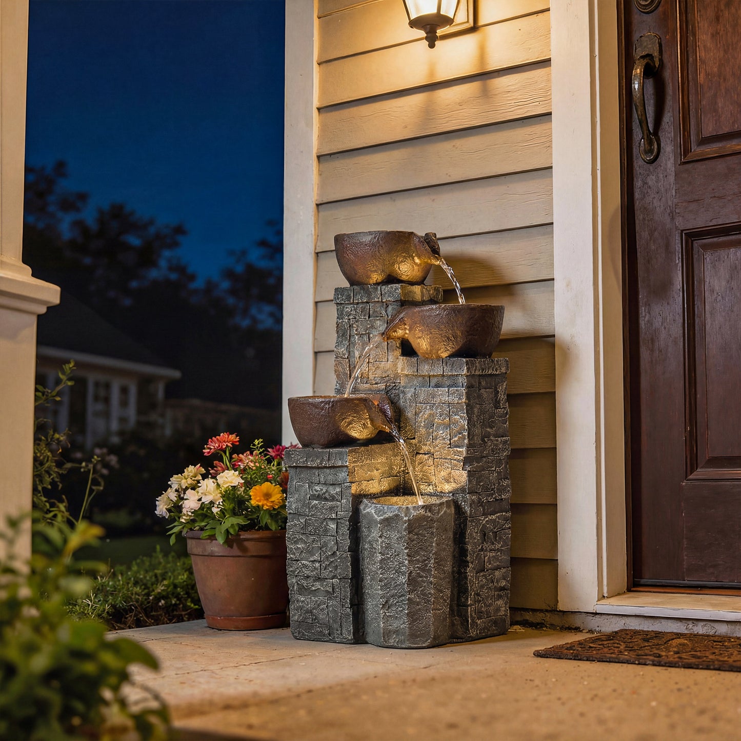 4-Tier Outdoor Fountain with LED Lights, Grey and Rustic Brown