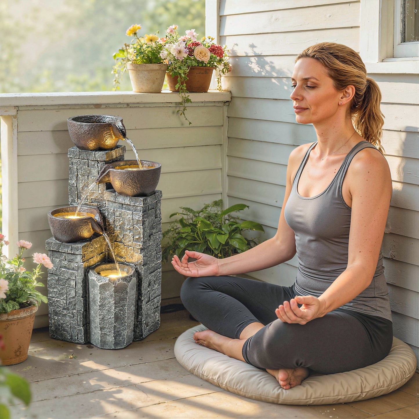 4-Tier Outdoor Fountain with LED Lights, Grey and Rustic Brown
