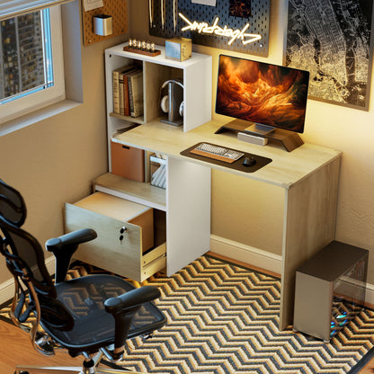 Computer Desk with Lockable File Drawers, Oak Wood Effect