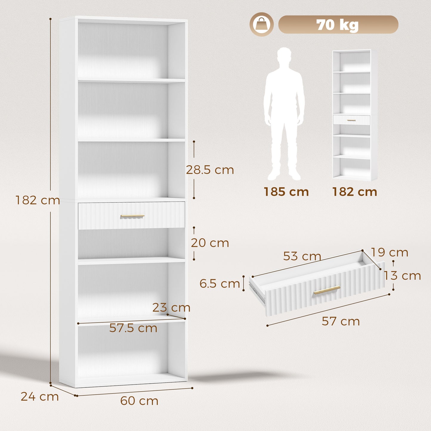 Tall Bookcase with Cubes, 7-Tier Bookshelf with Drawer, White
