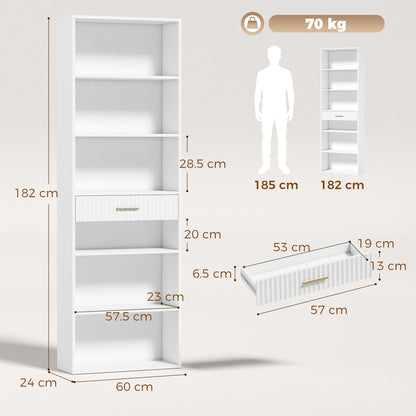 Tall Bookcase with Cubes, 7-Tier Bookshelf with Drawer, White