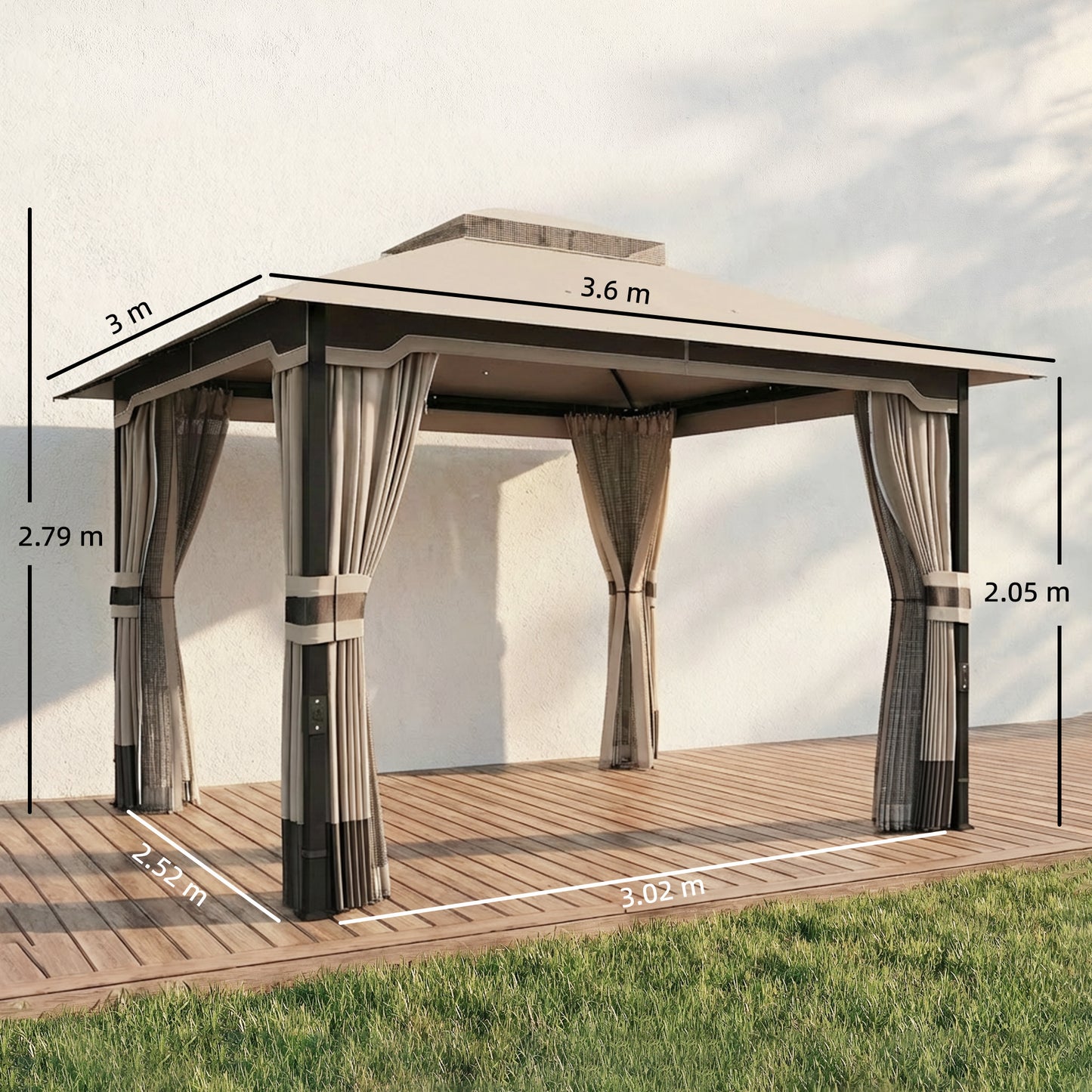 3 x 3.6 m Outdoor Garden Gazebo with Netting, Curtains, Khaki