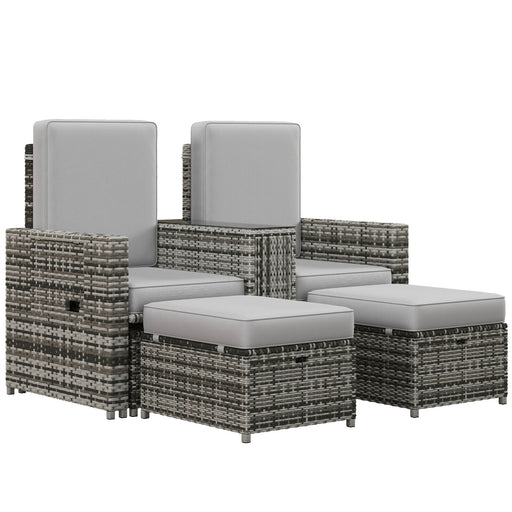Rattan Sun Lounger w/ Storage Tea Table & Footstools, Grey