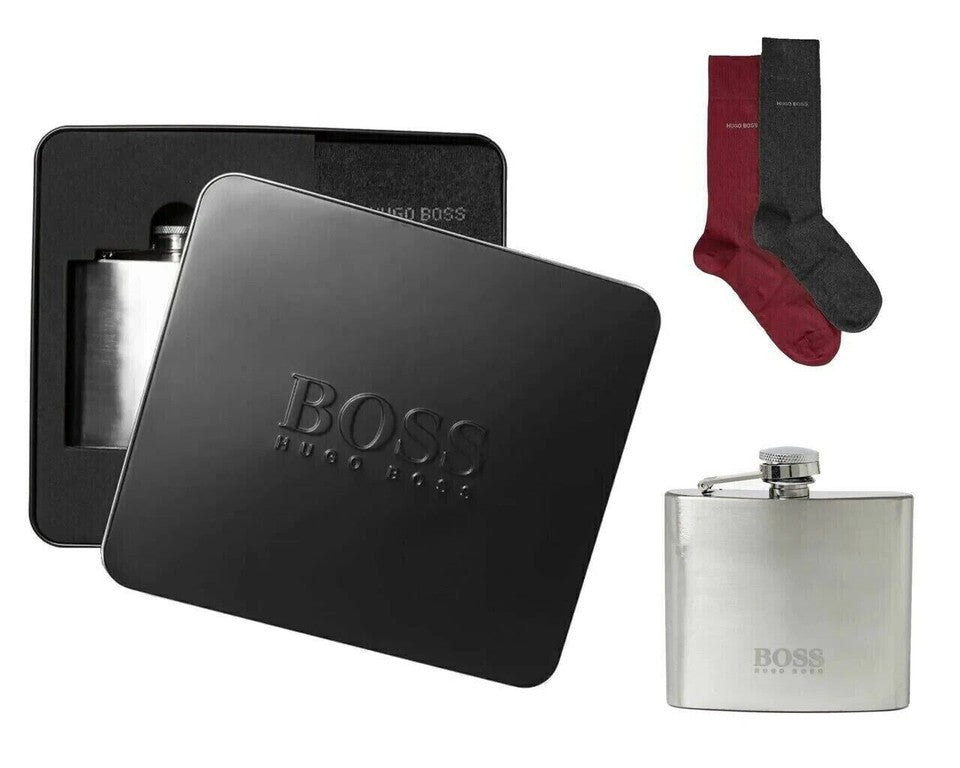 Hugo Boss Men’s Gift Set - Includes a Chic, Branded Logo Hip Flask Plus Two Pairs of Soft, Comfortable Socks
