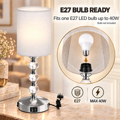 Crystal-Effect Bedside Lamp with USB-A and USB-C (Bulb Not Included) - Silver & White