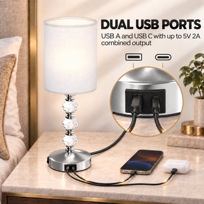 Crystal-Effect Bedside Lamp with USB-A and USB-C (Bulb Not Included) - Silver & White
