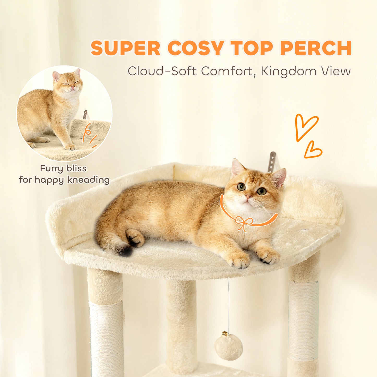 Cat Tree, 170 cm Large Cat Tower with 7 Scratching Posts, 1 Tunnel, 2 Condos, 1 Hammock, 1 Perch, 1 Ramp, 4 Platforms, 2 Pompoms, Multi-Level Kitty House for Indoor Kittens, Beige