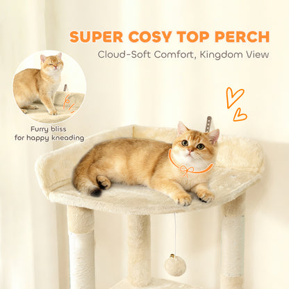 Cat Tree, 170 cm Large Cat Tower with 7 Scratching Posts, 1 Tunnel, 2 Condos, 1 Hammock, 1 Perch, 1 Ramp, 4 Platforms, 2 Pompoms, Multi-Level Kitty House for Indoor Kittens, Beige