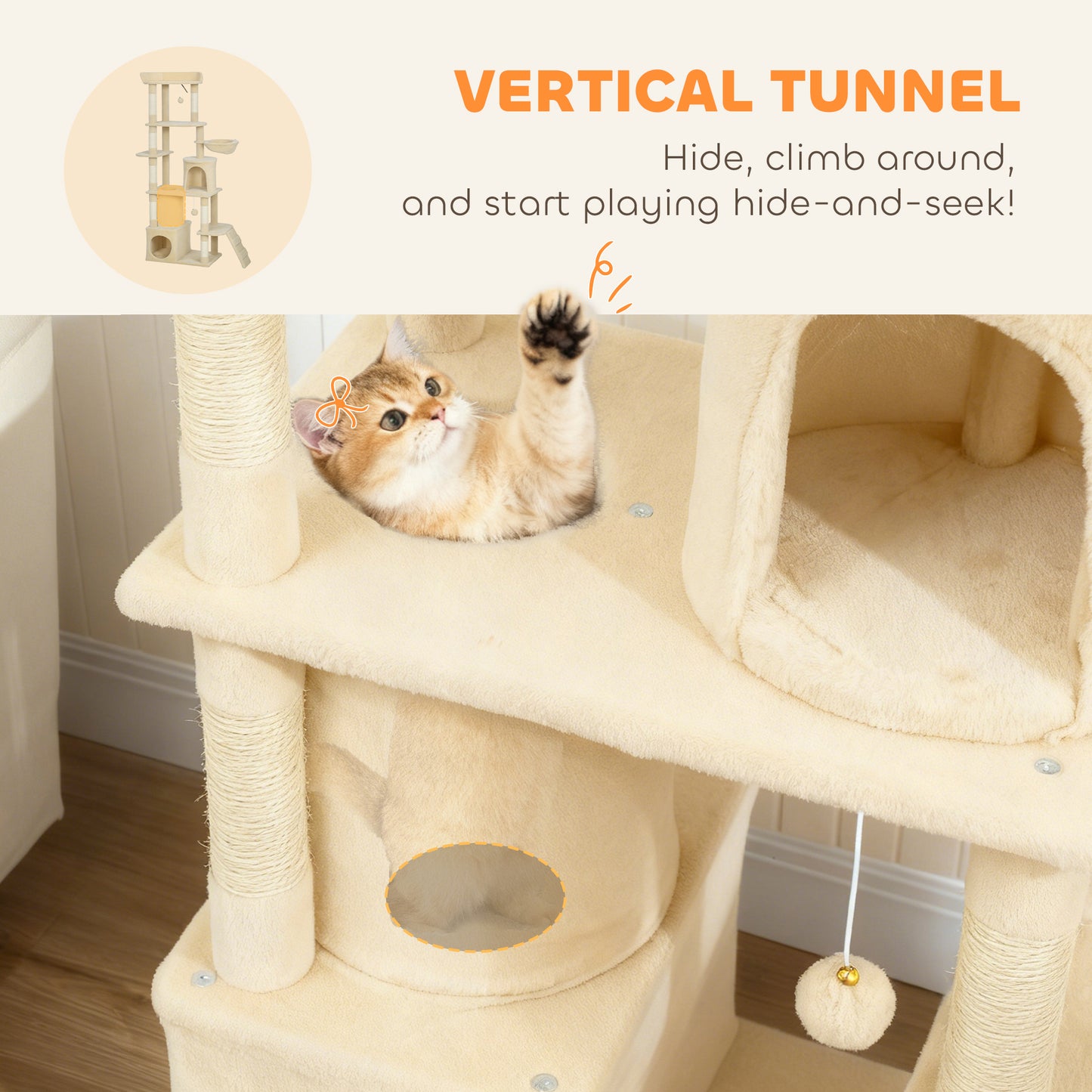 Cat Tree, 170 cm Large Cat Tower with 7 Scratching Posts, 1 Tunnel, 2 Condos, 1 Hammock, 1 Perch, 1 Ramp, 4 Platforms, 2 Pompoms, Multi-Level Kitty House for Indoor Kittens, Beige