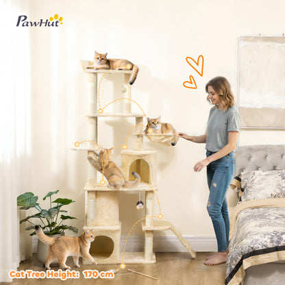 Cat Tree, 170 cm Large Cat Tower with 7 Scratching Posts, 1 Tunnel, 2 Condos, 1 Hammock, 1 Perch, 1 Ramp, 4 Platforms, 2 Pompoms, Multi-Level Kitty House for Indoor Kittens, Beige