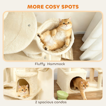Cat Tree, 170 cm Large Cat Tower with 7 Scratching Posts, 1 Tunnel, 2 Condos, 1 Hammock, 1 Perch, 1 Ramp, 4 Platforms, 2 Pompoms, Multi-Level Kitty House for Indoor Kittens, Beige
