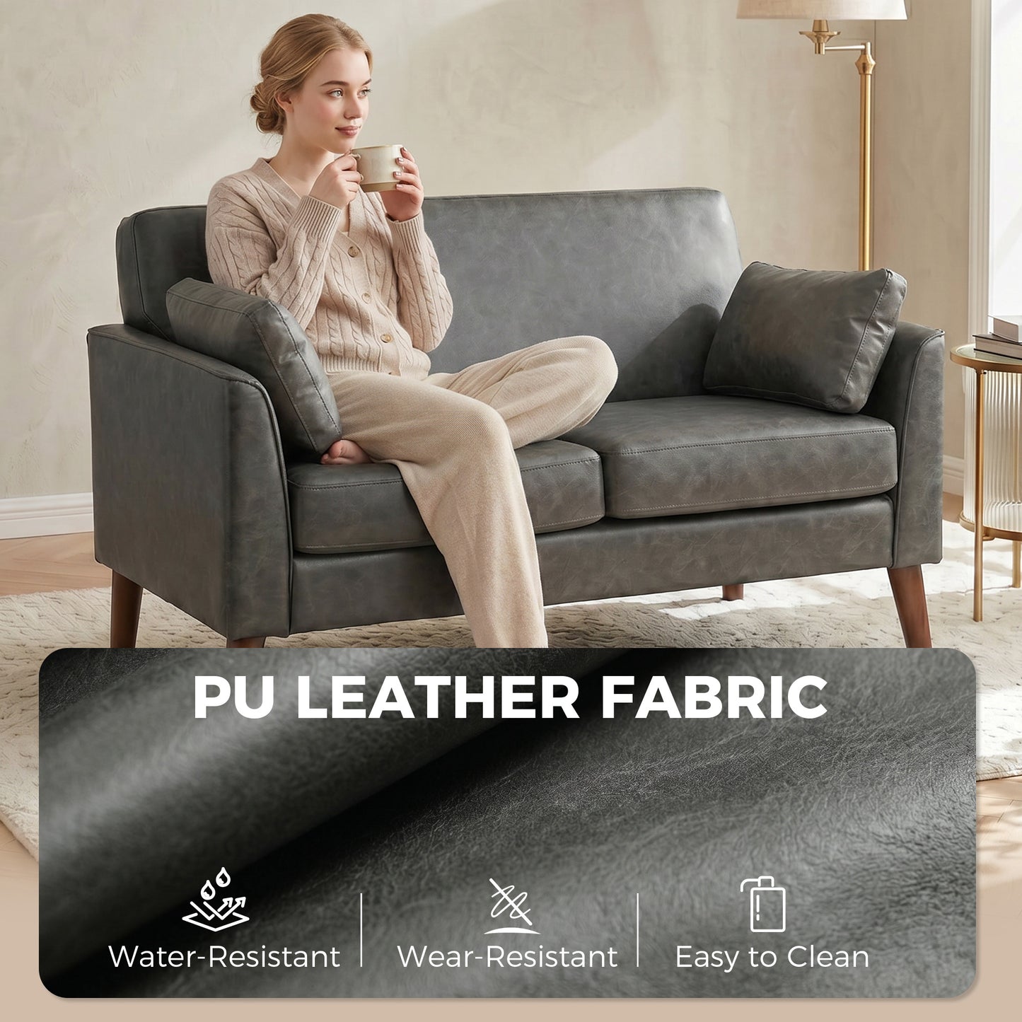 2 Seater Sofa, 132 cm Modern Small Sofa, PU Leather Upholstered Loveseat with Solid Wood Legs and 2 Pillows, Couch Settee for Small Space, Living Room, Bedroom, Home Office, Grey