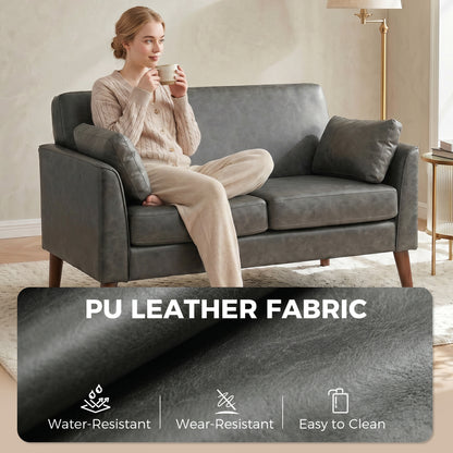 2 Seater Sofa, 132 cm Modern Small Sofa, PU Leather Upholstered Loveseat with Solid Wood Legs and 2 Pillows, Couch Settee for Small Space, Living Room, Bedroom, Home Office, Grey