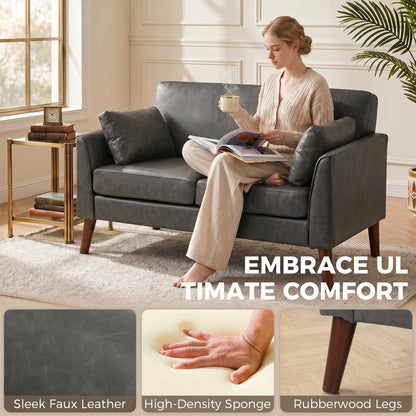 2 Seater Sofa, 132 cm Modern Small Sofa, PU Leather Upholstered Loveseat with Solid Wood Legs and 2 Pillows, Couch Settee for Small Space, Living Room, Bedroom, Home Office, Grey