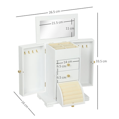 4-Tier Large Jewellery Box with Mirror and 2 Drawers, White