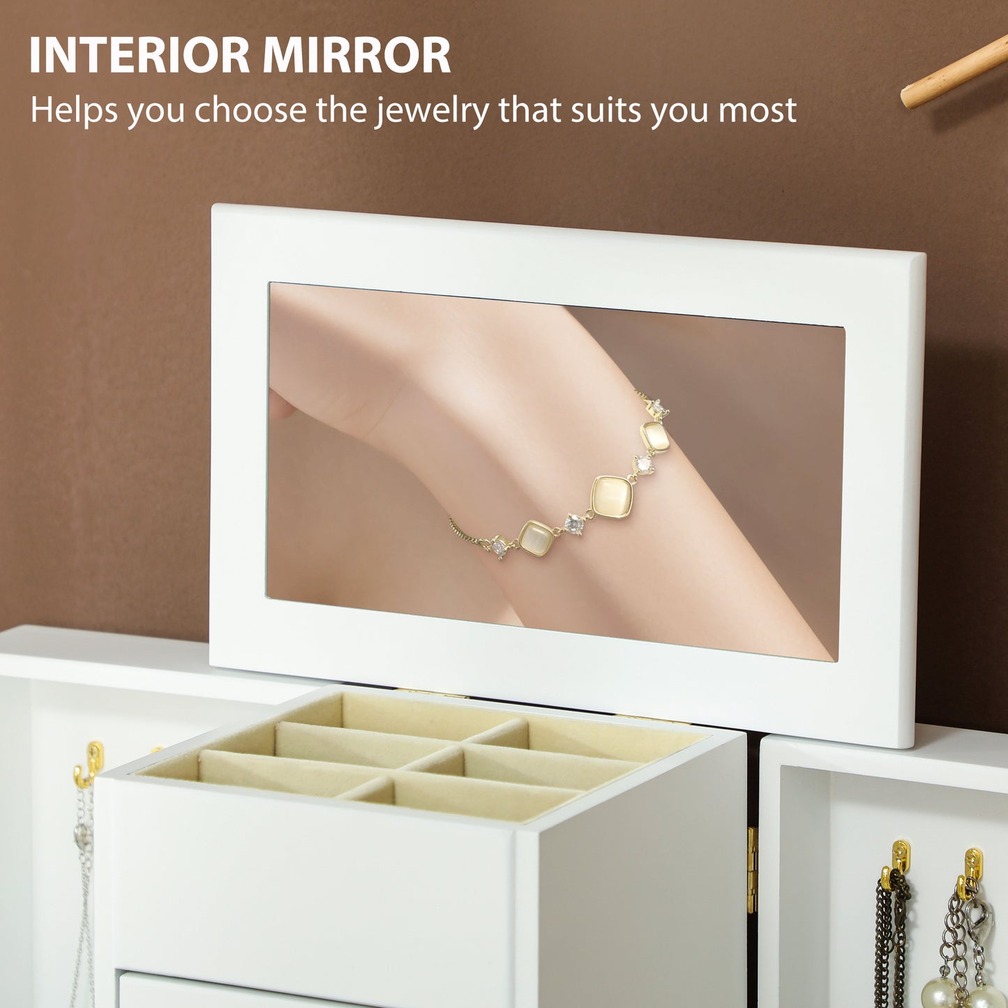 4-Tier Large Jewellery Box with Mirror and 2 Drawers, White