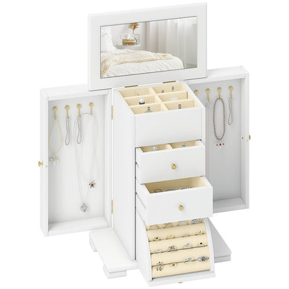 4-Tier Large Jewellery Box with Mirror and 2 Drawers, White