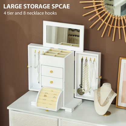 4-Tier Large Jewellery Box with Mirror and 2 Drawers, White
