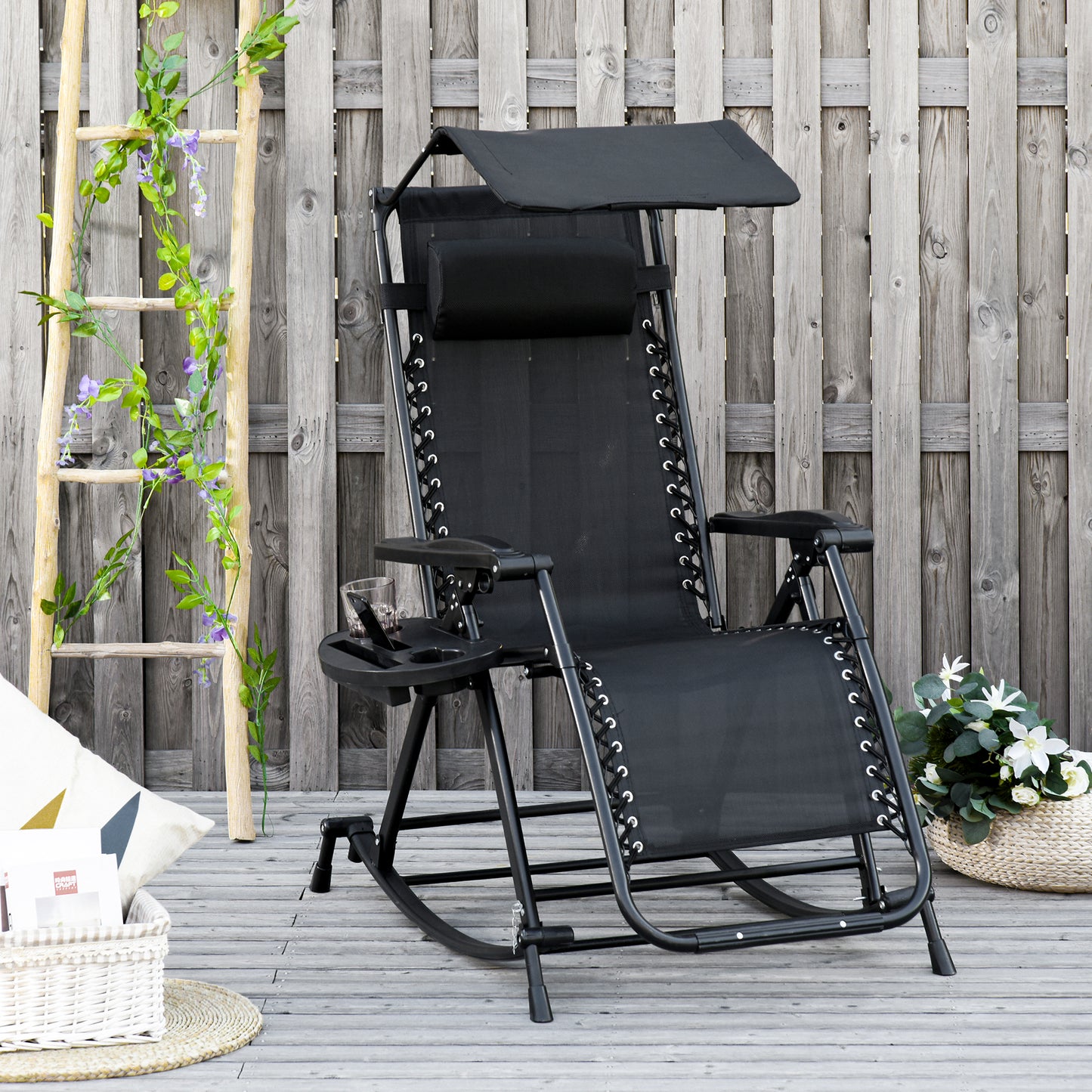 Garden Rocking Chair Folding Recliner Outdoor Adjustable Sun Lounger Rocker Zero-Gravity Seat with Headrest Side Holder Patio Deck - Black