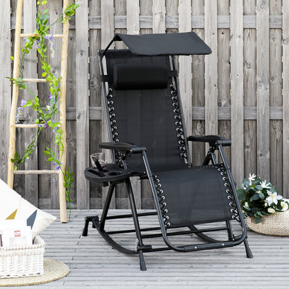 Garden Rocking Chair Folding Recliner Outdoor Adjustable Sun Lounger Rocker Zero-Gravity Seat with Headrest Side Holder Patio Deck - Black