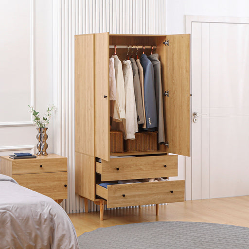 Wardrobe with 2 Doors, 2 Drawers, Hanging Rail for Bedroom Clothes Storage Organiser, 80x52x180cm, Natural Tone