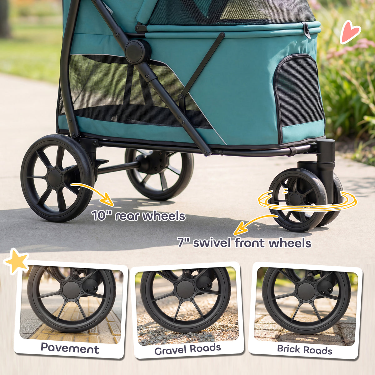 Dog Stroller, 3 Wheels Pet Stroller with Easy One-Click Quick Fold